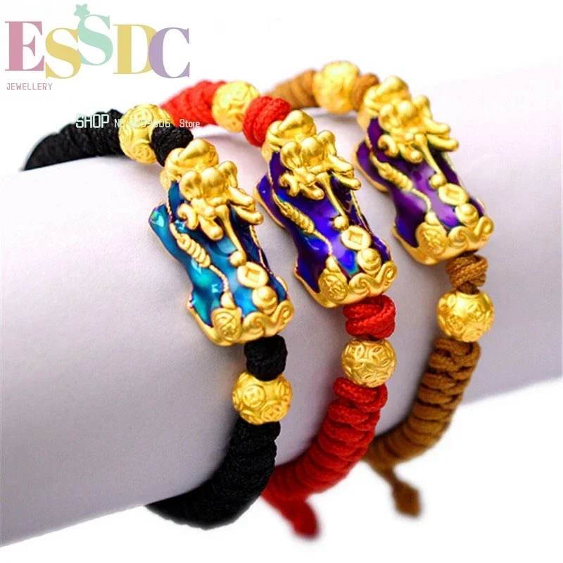 Dropship 999 Sterling Silver Jewelry Large Thermochromic Golden Pixiu Charm Hand Knitting Rope Chain Bracelets Gift