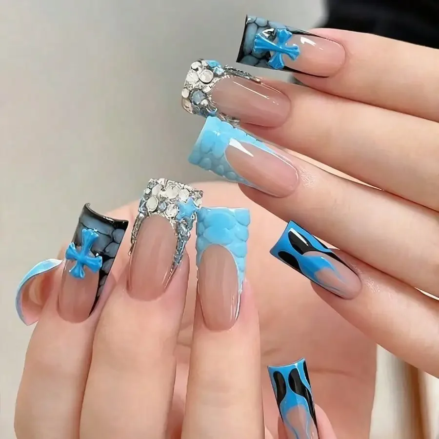 

24Pcs Duckbill Rhinestone Snake Print Press On Nails, Ocean Glitter Reusable, For Daily & Party