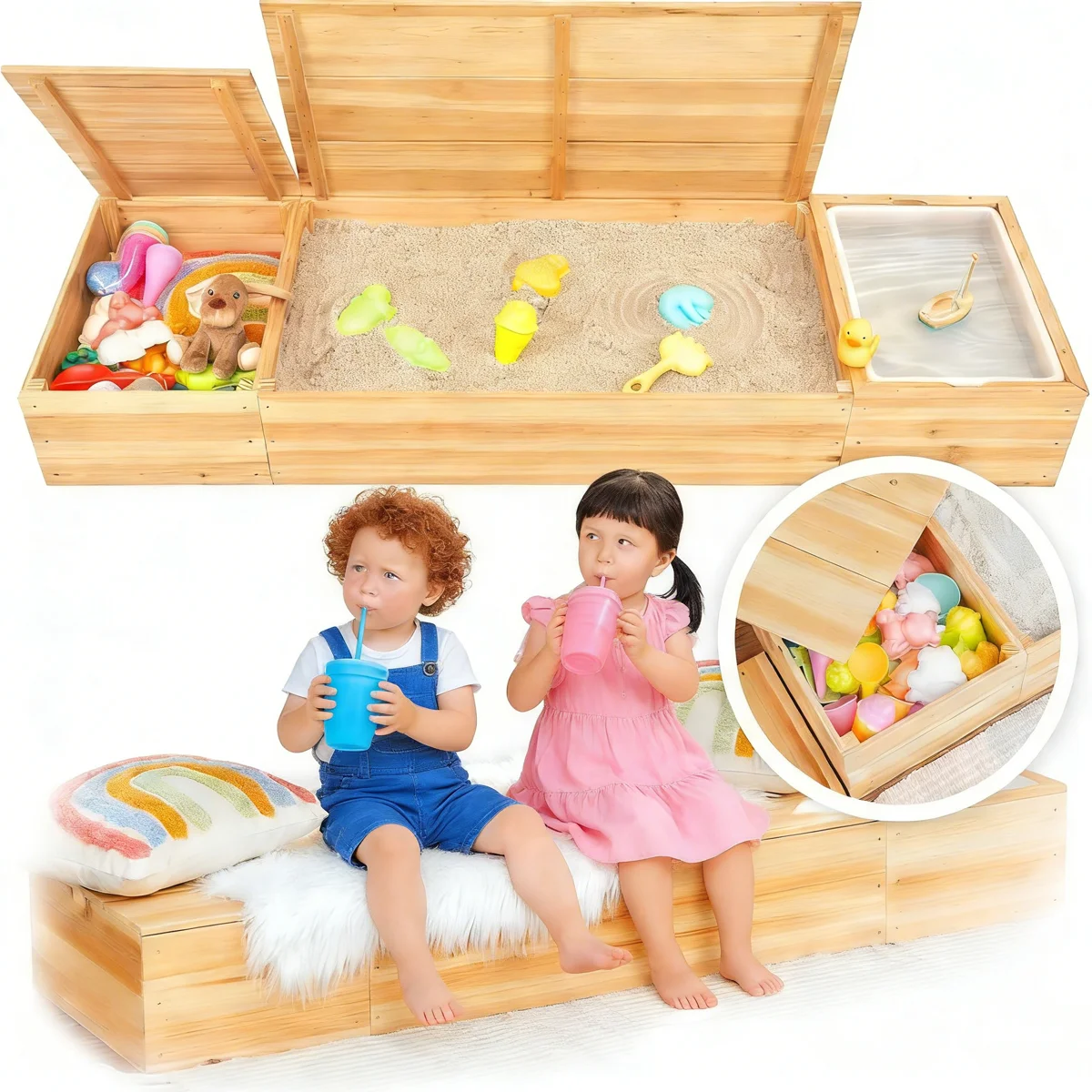 4-in-1 Sandpit Made Lacquered Solid Wood Customizable Color Kids Outdoor Play Furniture Children's Sandbox 150x45x20cm Camping