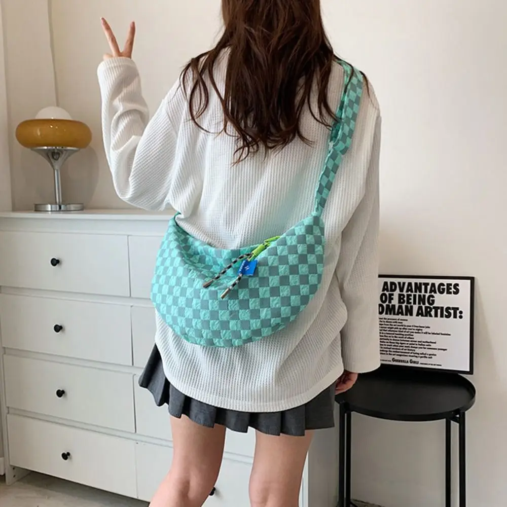 Elegant Dumpling Shape Half Moon Messenger Bag Grid Large Capacity Plaid Crossbody Shoulder Bag Nylon Ins Style Male/Female