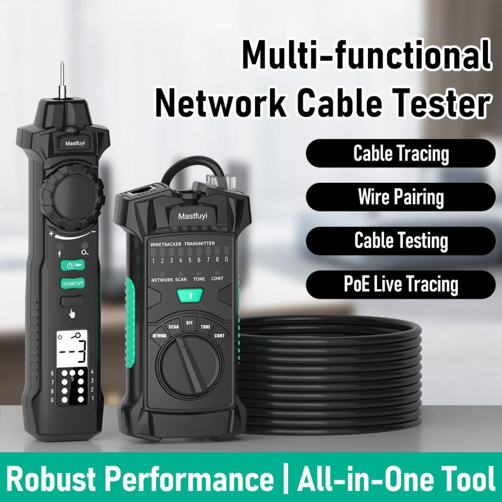 MASTFUYI Digital Cable Finder Adjustable Sensitivity Tracker Network Wire Tracker for RJ45 RJ11 POE Detection Continuity Test