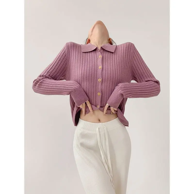 High Quality Knit Cardigan Women Korean Fashion Turndown Collar Buttons Up Sweaters Solid Casual Long Sleeve Knitwear 3