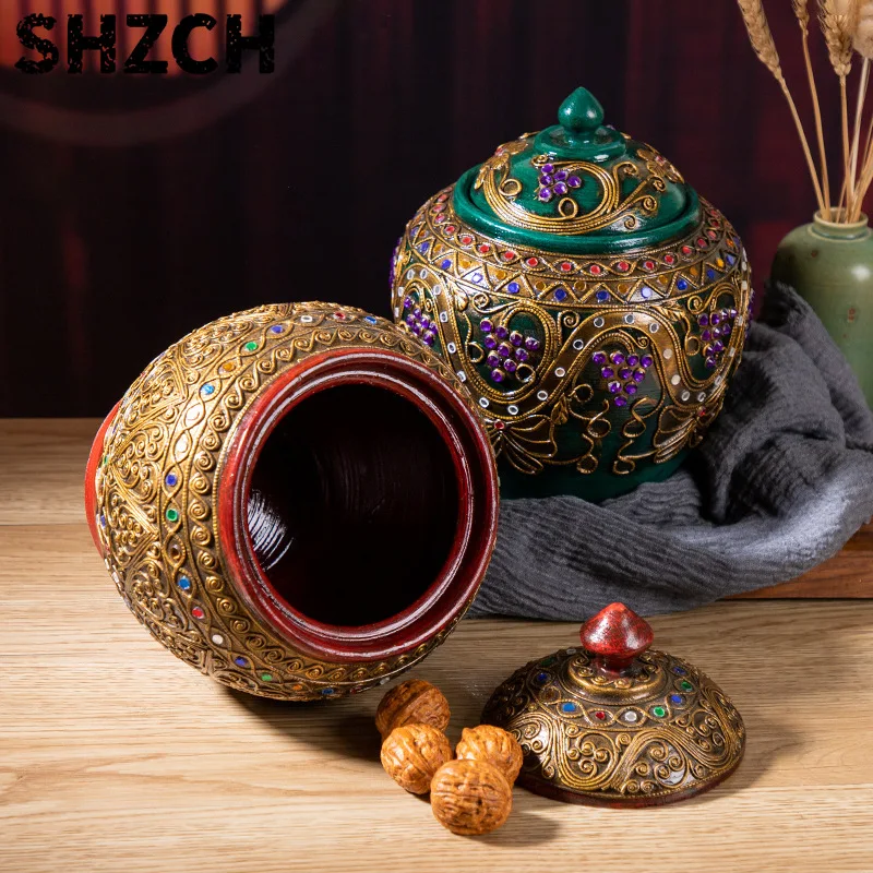 ‌Thai Teakwood Jar with Colored Glass Lid - Handmade Southeast Asian Decor, Boho Living Room Organizer, Kitchen Canister