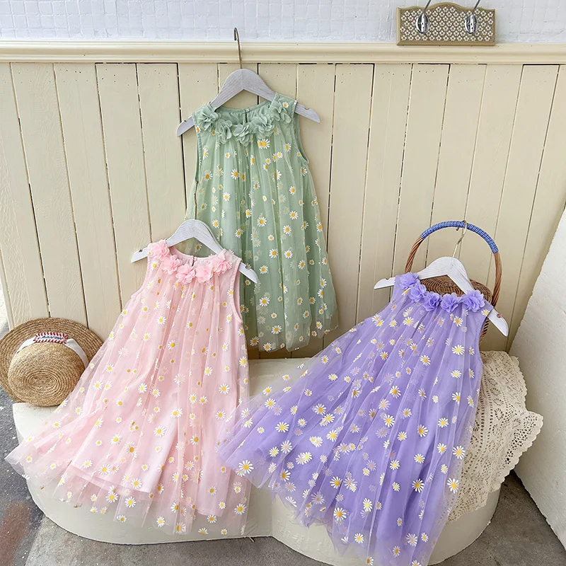 

New Children's Yarn Skirt 2025 Spring Summer Edition Three Dimensional Flower Daisy Sleeveless Princess Dress