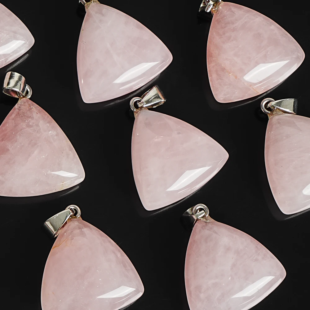 NATURAL ROSE QUARTZ PENDANT 23X23X11MM POLISHED TRIANGLE CRYSTAL CHARM WITH METAL BAIL FOR DIY NECKLACE JEWELRY MAKING AND GIFTS