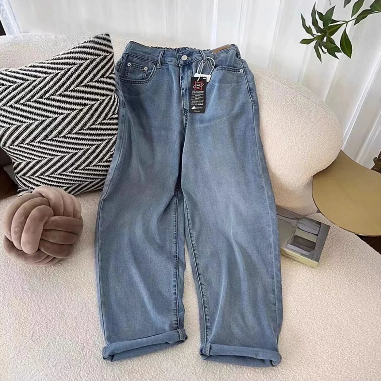 Summer Women's Thin Jeans Blue Fashion High Waist Loose Ice Silk Soft Denim Trousers Oversized Ankle-length Pants S-3XL