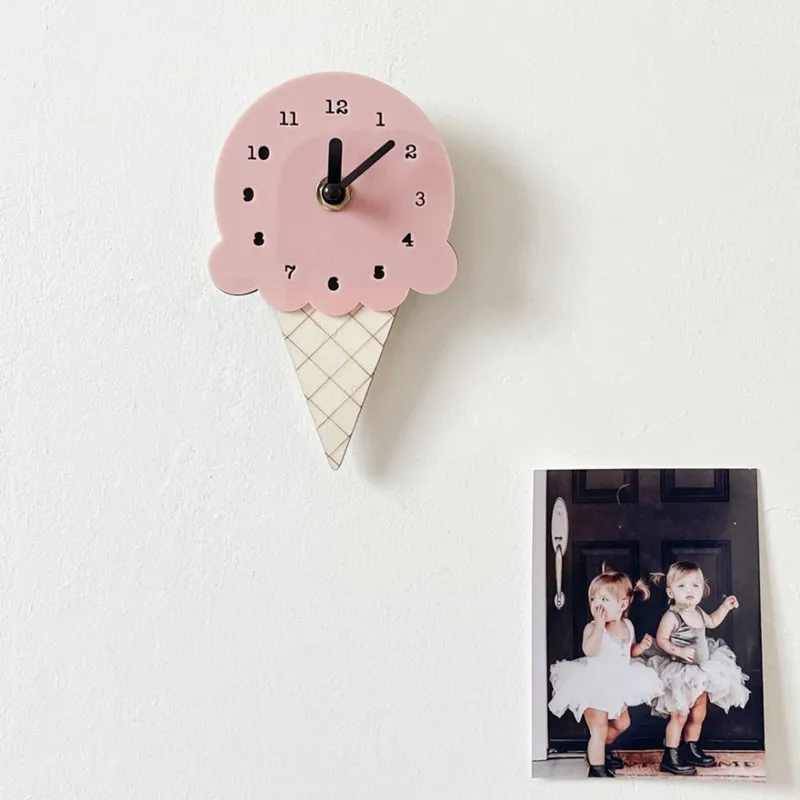 INS Nordic Wooden Ice Cream Wall Clock Wood Silent Mute Clocks Kids Room Decoration Ornament Nursery Decor Furniture Photo Props