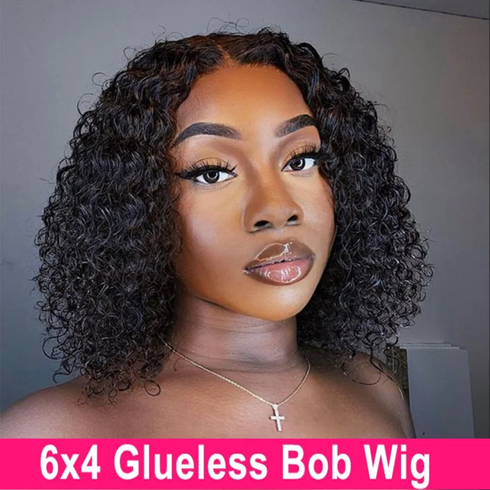 6x4 HD Lace Glueless Bob Wig Human Hair Short Bob Lace Pre Cut Wig Deep Wave Hair 8-16 Inch For Women Pre Plucked Natural Black