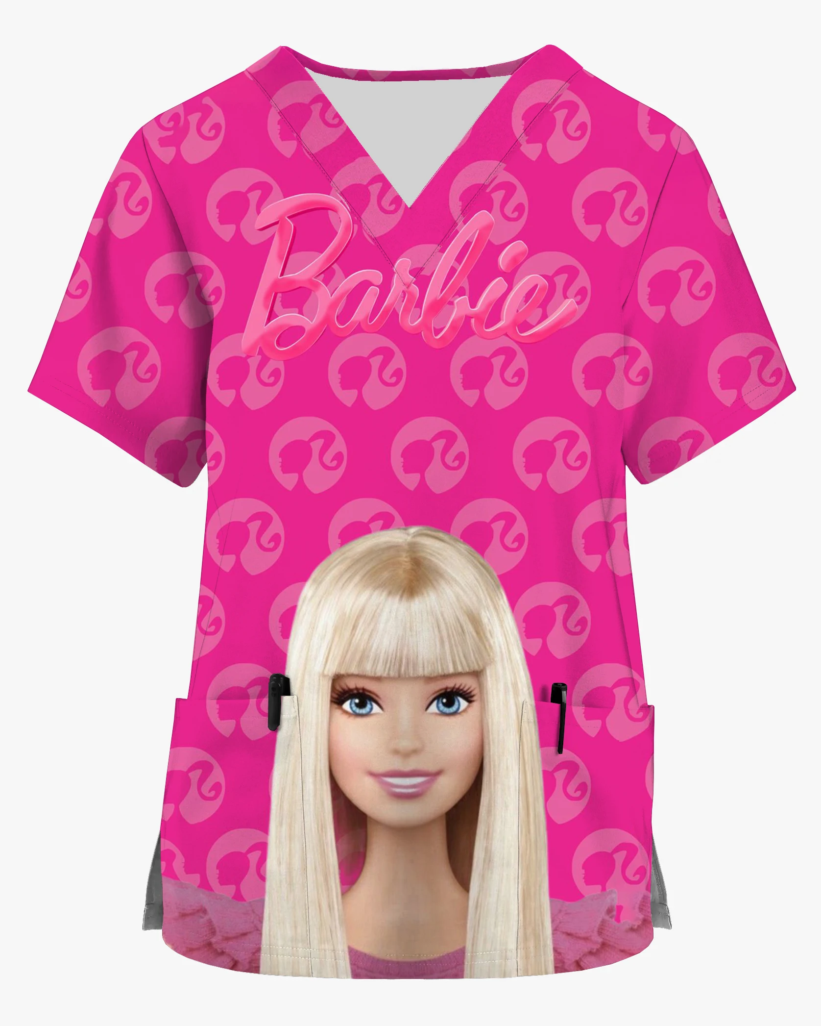 Women's Nursing Clothes Barbie Princess V-Neck Print Scrub Top Accessories Doctor Uniform Hospital Nurse Beauty Salon T-shirt