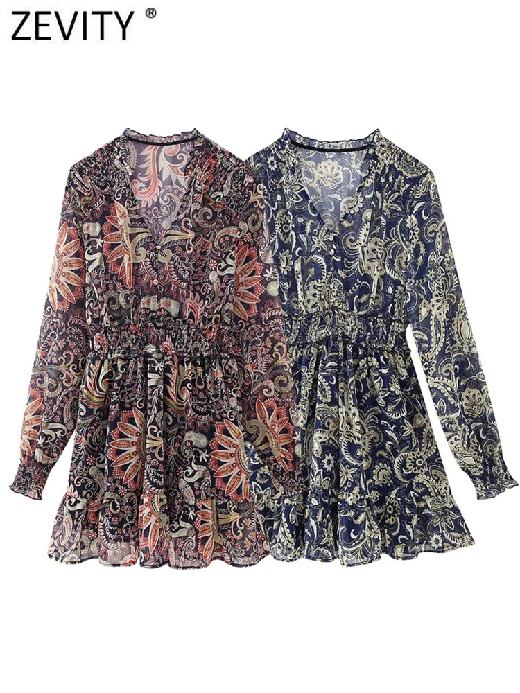 Zevity Women Vintage V Neck Paisley Floral Print Chiffon Mini Dress Femme Chic Long Sleeve Elastic Waist Ruffles Vestidos DS7210