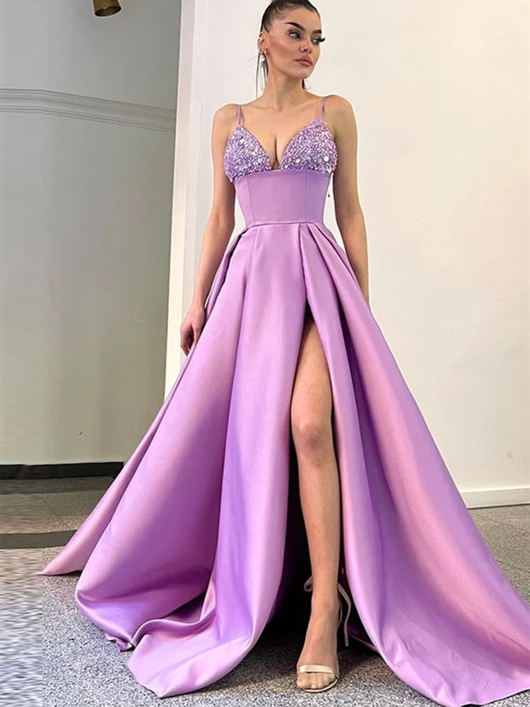 Robe de soirée trapèze fendue à bretelles Spaghetti, tenue de soirée perlée, haute qualité