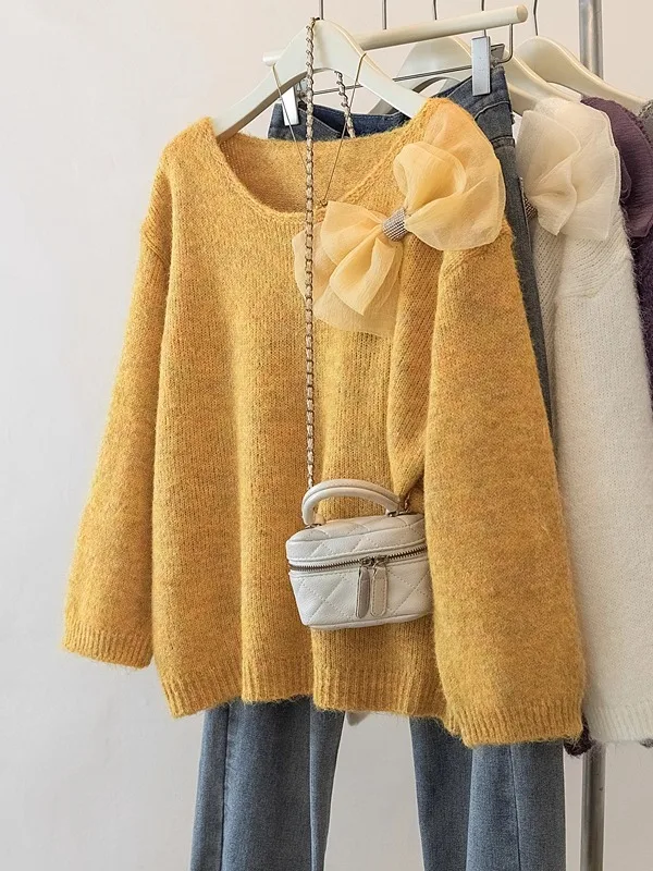 

Шикарный желтый свитер с 3D-узлом, удлиненный, женский, осенне-зимний, больших размеров, модный, омолаживающий топ