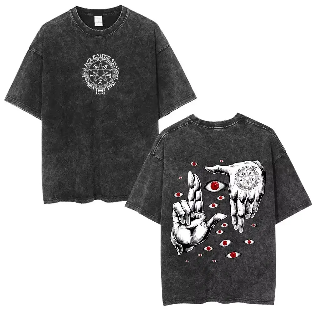 Anime Hellsing Alucard Graphic Washed T Shirt Vintage Manga T-shirts High Street Cotton Tshirt Harajuku Casual Loose Tops Unisex