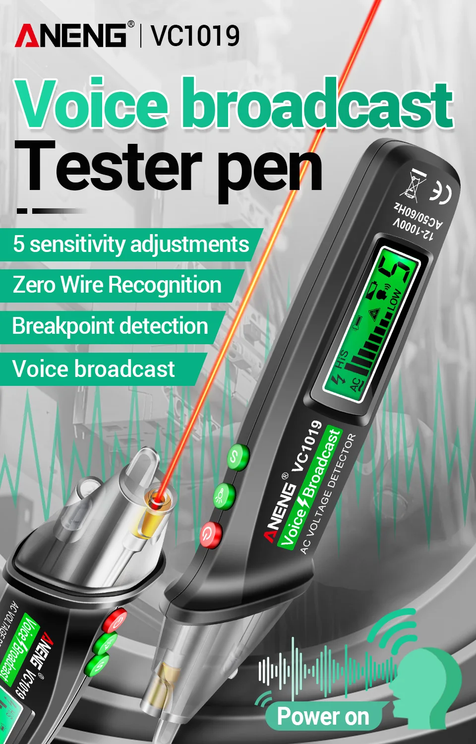 ANENG VC1019 Berührungsloser Spannungsprüfer mit Sprachausgabe 12-1000V AC Neutralleiter- und Spannungsleiter-Detektor mit Ton- und Lichtalarm sowie LED-Taschenlampe – Detail 1
