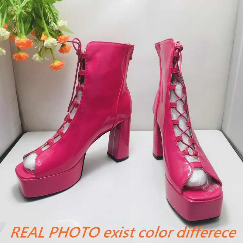 REAVE CAT Patent Leather Female Sandals Peep Toe Ultrahigh Heel 12cm Platform 4cm Lace Up Fashion Shoe Size 48 49 50