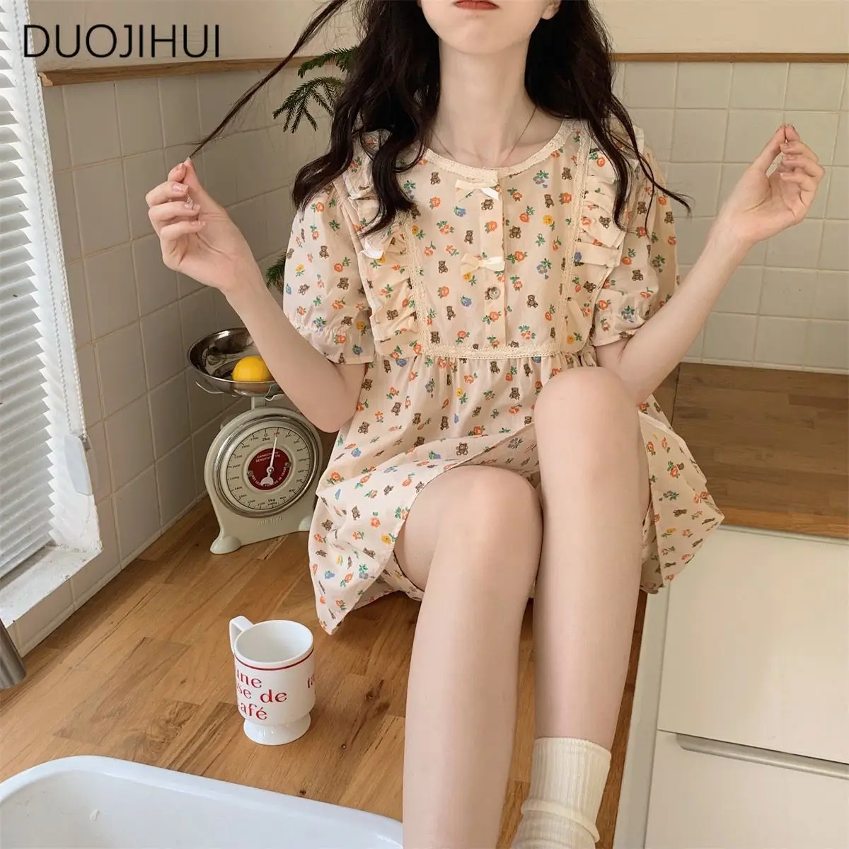 DUOJIHUI-Pyjama imprimé chic pour femme, pyjama décontracté pour la maison, pull basique, simple, court, mode, doux, ensemble de pyjama féminin, nouveau, été