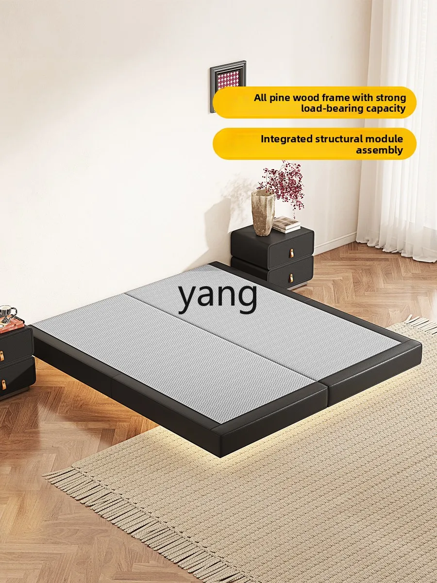 LH platform bed cream wind leather master bedroom without bedside bed frame solid wood small apartment suspended bed