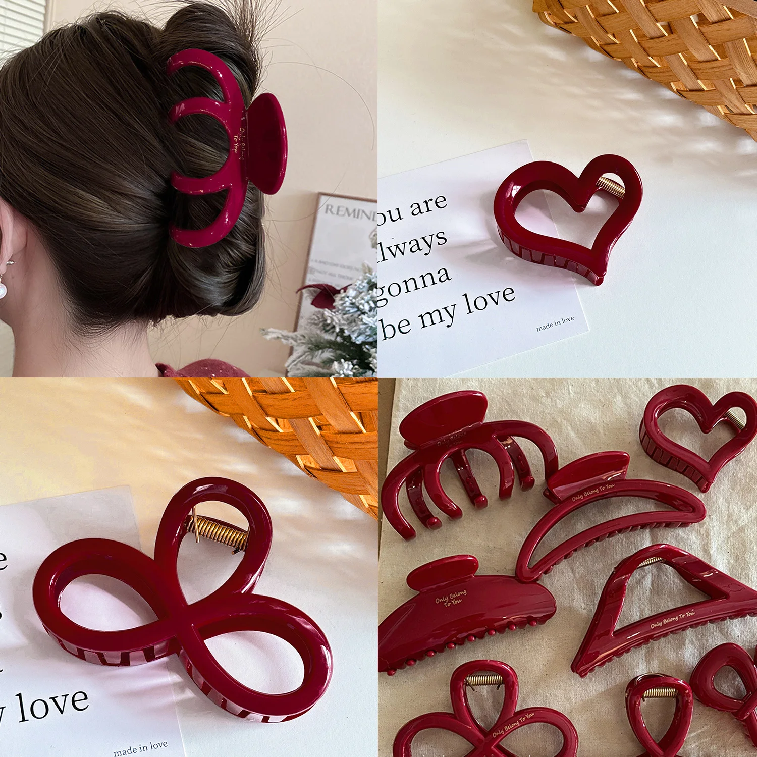 Red Hair Claw Clips for Women French Elegant Large Size Crab Hair Clip 2024 Trendy Hair Accessories Korean Hair Ornaments