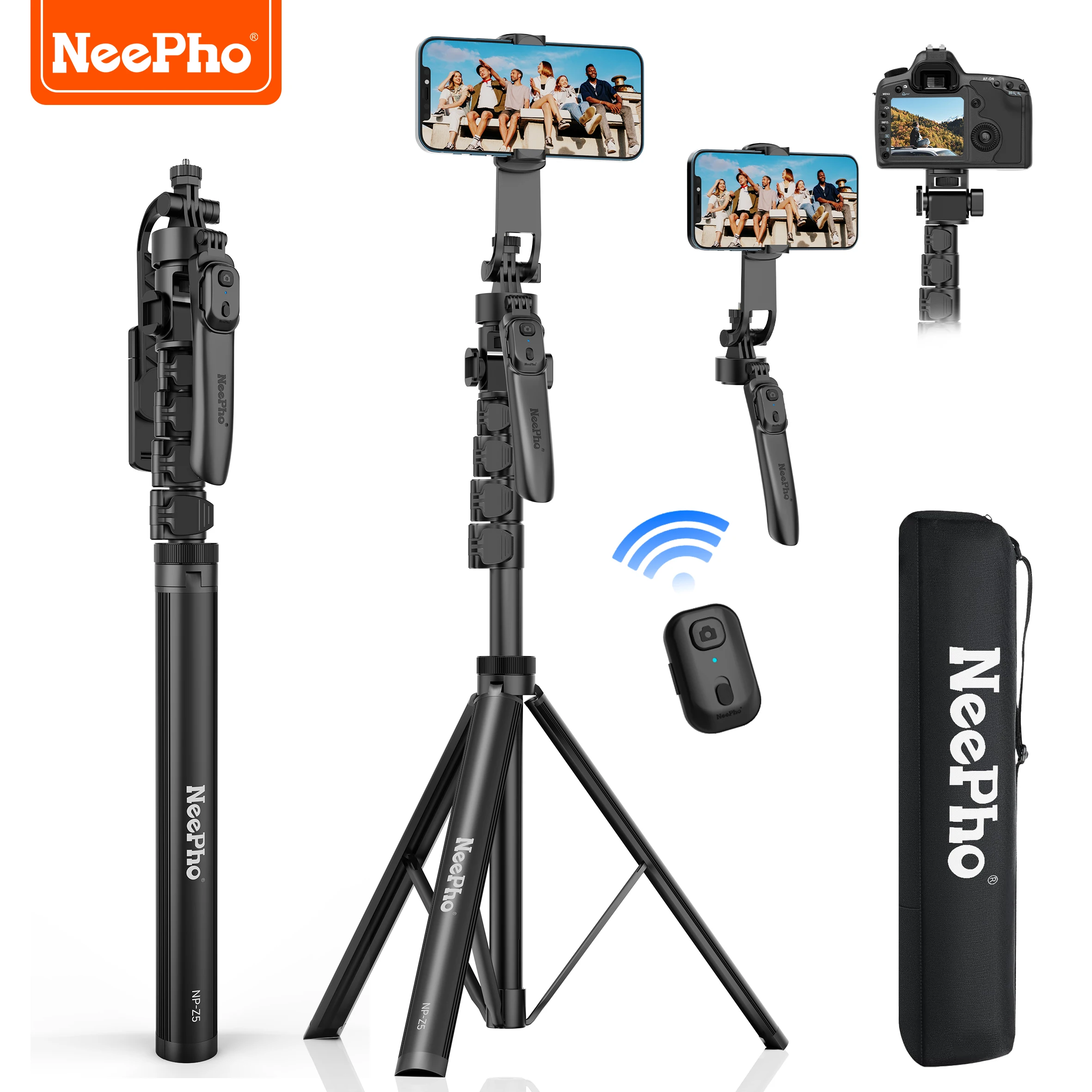 

NeePho NP-Z5 2m Tripod Selfie Stick, Bluetooth Remote, 360° Rotation, Cold Shoe Mount, Compatible with Phones & Cameras
