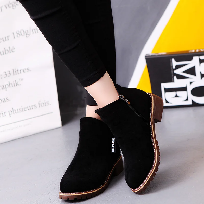 2022 Women's Autumn Shoes Ladies Black Short Boots For Woman Ankle Boots Female Square Low Heels Zipper Scrub Platform size35-40