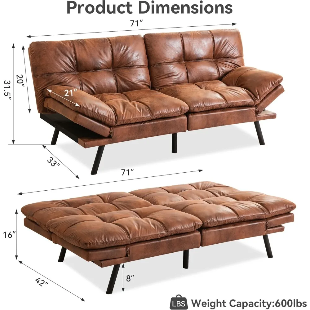 أريكة سرير فوتون حديثة من الجلد الصناعي الفاخر مع مسند ظهر ومسند للذراع قابل للتعديل، نائمة مدمجة بمقعدين #2