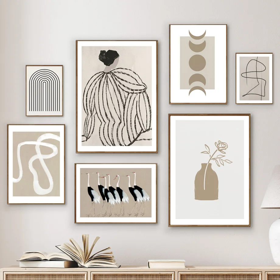Boho Minimalist Wall Art Mural Neutral Abstract Line Art Prints Crane Moon Phase Japandi Canvas Posters Living Room Home Decor