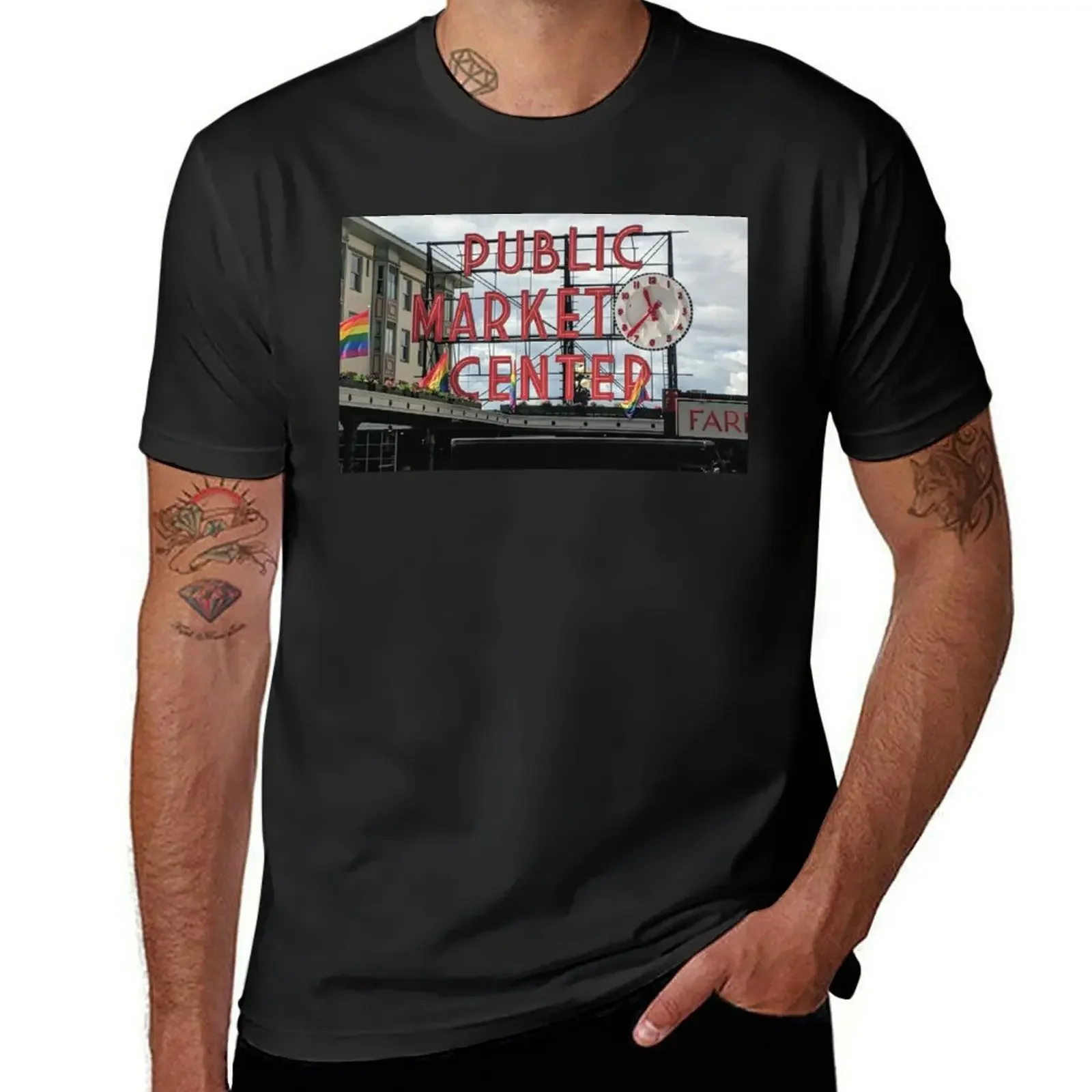 

Pike Place Market Public Market Center Seattle T-Shirt boys whites Men's cotton t-shirt