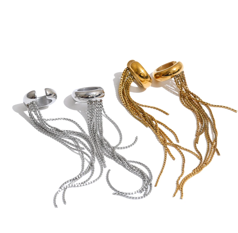 Yhpup 1 Stück Edelstahl Lange Quastenkette Ohrklemme Knorpel-Ohrringe Eleganter Beliebter Charmanter Ohrknochen-Schmuck – Detail 3