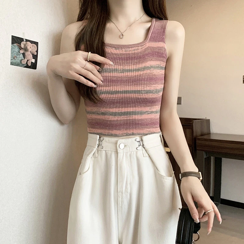 MEROKEETY Women's Sleeveless Ribbed Tank Tops Striped Knit Square Neck Shirts Summer Casual Basic Tanks