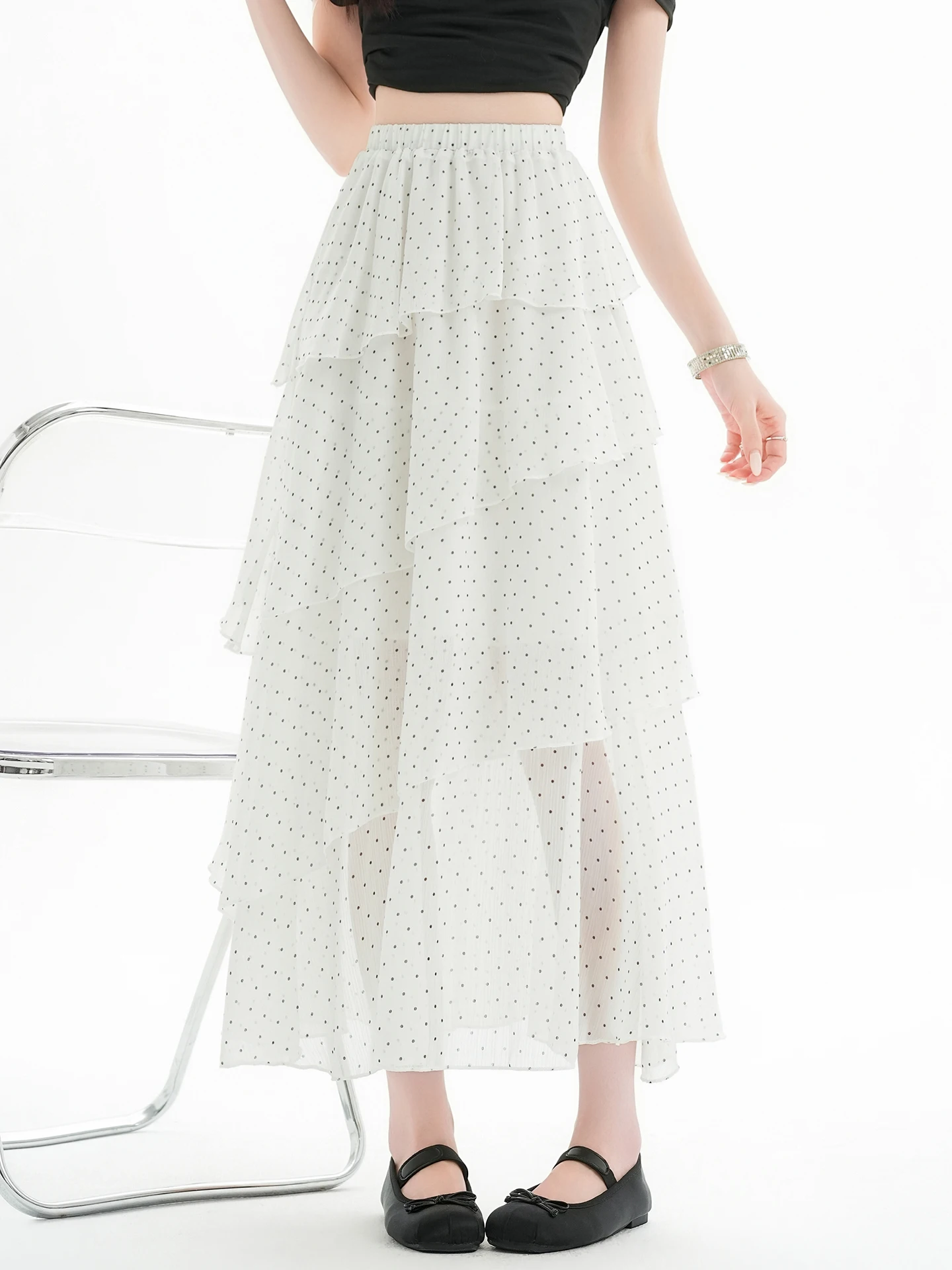 

Летняя женская юбка в горошек с асимметричным подолом, расклешенная, А-силуэт, белая, многоярусная, с завышенной талией, из полиэстера, с принтом