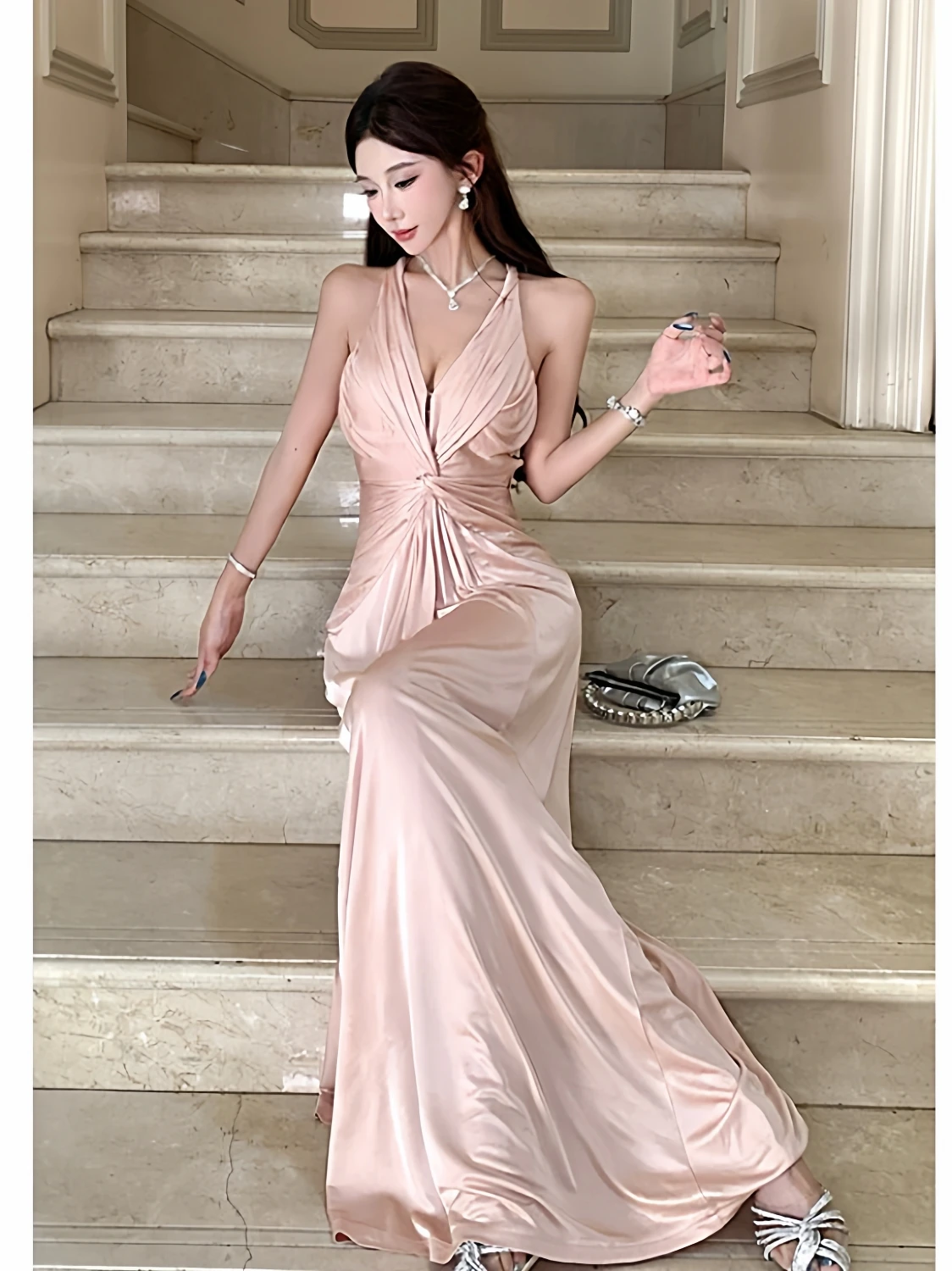 

Сексуальное длинное вечернее платье с глубоким V-образным вырезом, завышенной талией и дизайнерским узором, для пляжа и свиданий, осеннее, для женщин