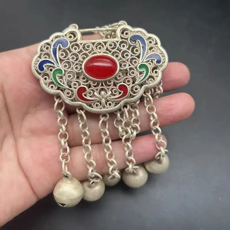 Retro Tibetan Silver Inlaid with Red and Green Agate Longevity Prosperity Lock Sweater Necklace Pendant Couple Personalized Gift