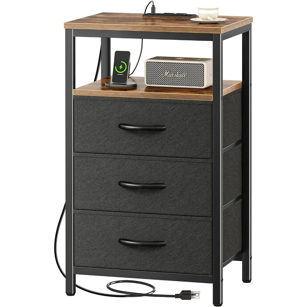 

Nightstand with Charging Station, 27.6 Inch Side Table with Fabric Drawers, End Table Bedside Table with USB Ports