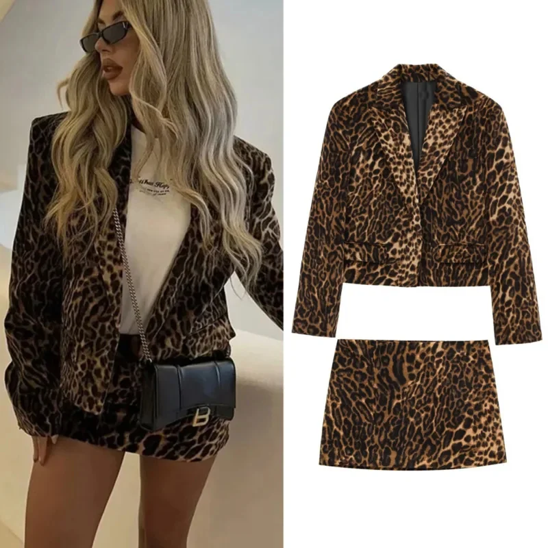 Leopard Short Skirts Sets Women 2 Pieces Fashion Print Blazer Cropped Coat High Waist Mini Skirt Suit 2024 Autumn Female Outfits