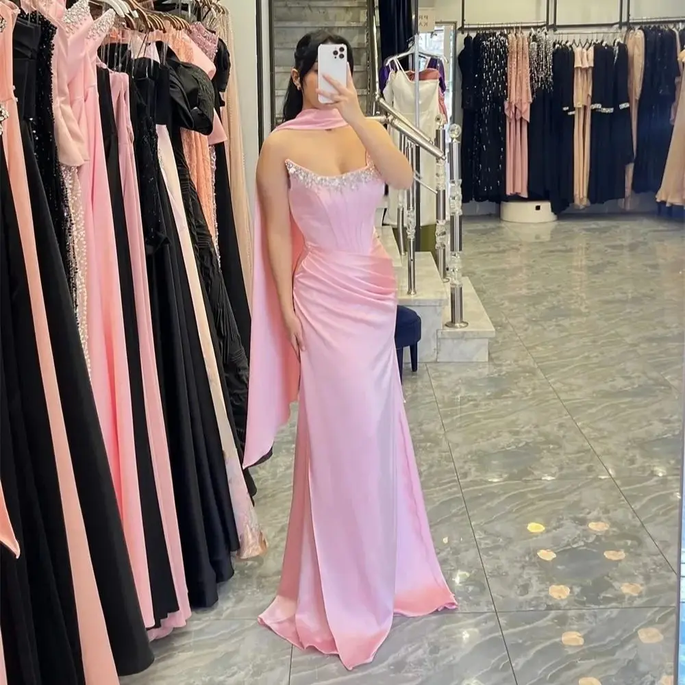 

Pink Beaded Formal Long Bespoke Occasion Gown Evening Dresses Prom Pastrol Unisex Jersey Retro Dubai Saudi Arabic Customized