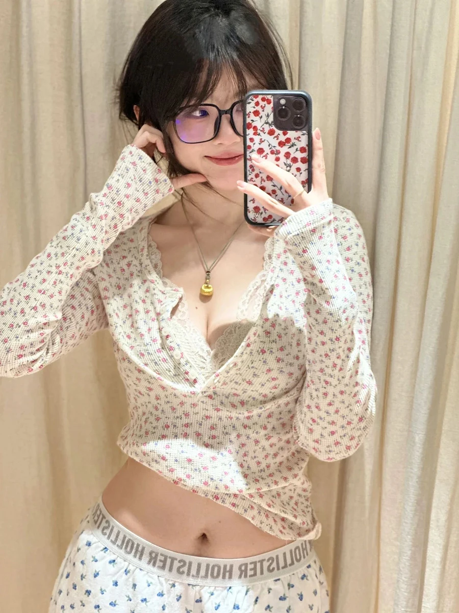 Pink Floral Waffle Long Sleeve T-Shirt Woman Spring Buttons Round Neck Cotton Slim Tee Top Sweet Cute Preppy Style Tshirt Y2k
