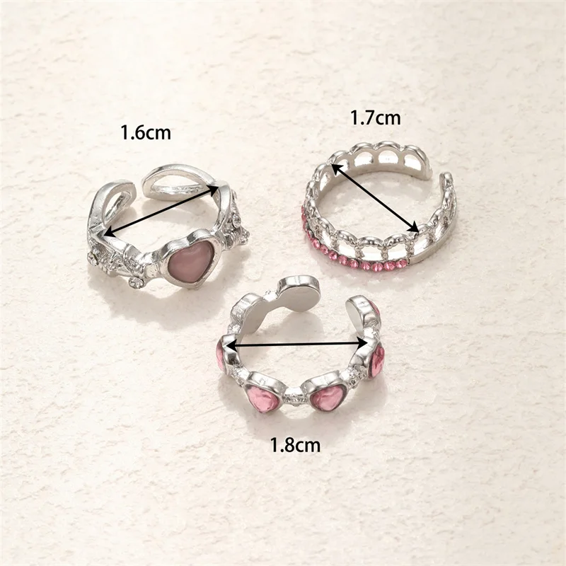 3pcs Fashion Love Heart Zircon Open Rings Set for Women Gothic Sweet Girls Geometric Finger Rings Y2K Party Jewelry Accessories image 6