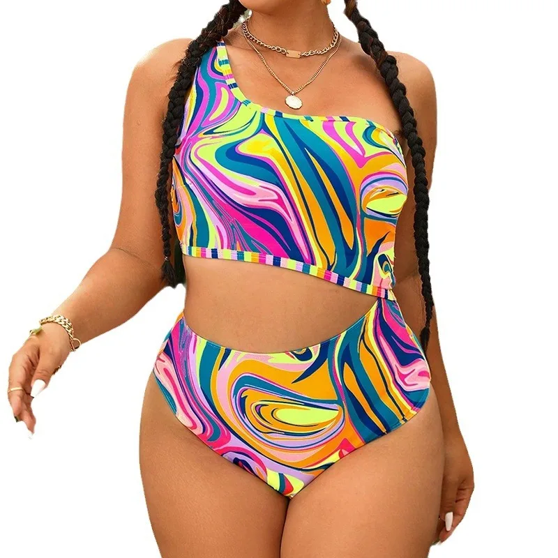 Plus Size Swimsuit for Women2024New Conservative Printed One-Piece Swimsuit One-Shoulder Hollow High-Grade Bikini