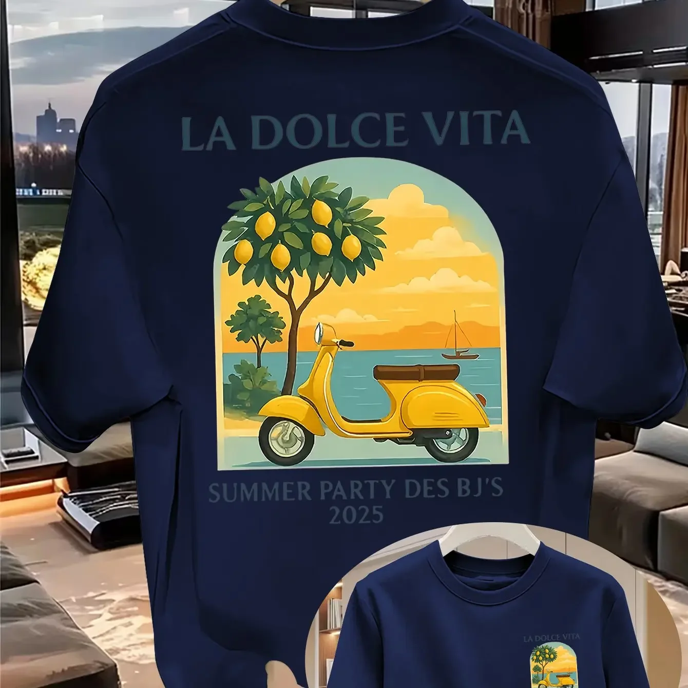 Retro Men's T-Shirt La Dolce Vita Italian Vespa Lemon Tree Mediterranean Seaside Sunset Print Loose Fit Short Sleeve