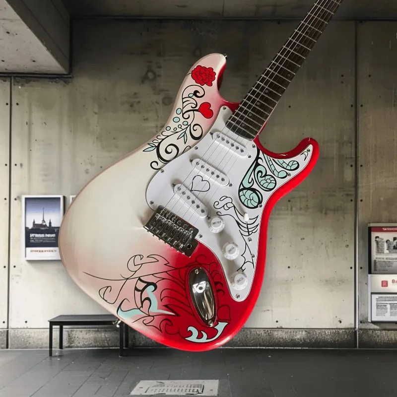 Hot Sales STQ 6 String Style Hand Painted Pattern Solid Electric Guitar 3 Single Coil Pickups White Pickguard Beginner Unisex