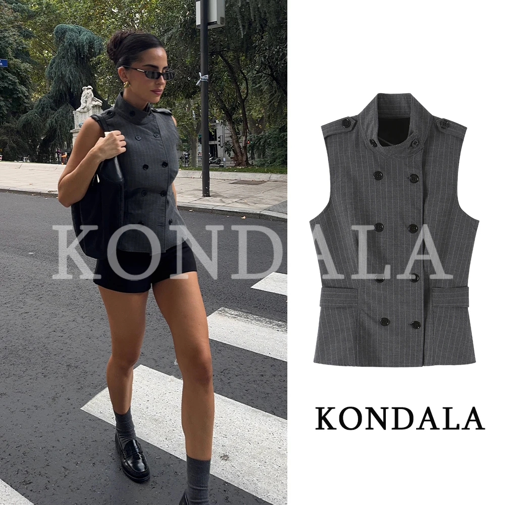 KONDALA Women Chic Striped Double Breasted Suit Vest Elegant Stand-up Slim Vest 2026 Summer Early Fall Trendy High Street Vest