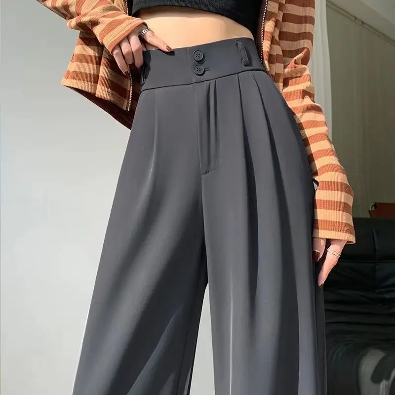 Grey Wide Leg Pants for Women with A High Waist and A Pear Shaped Figure. Large Size Straight Tube Casual Suit Pants