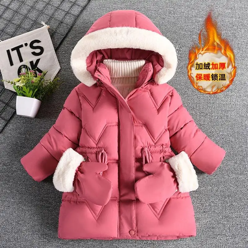 Girls' Winter New Style Solid Color with Thick Velvet Windproof and Warm Fashionable and Cute Cotton Jacket with Cotton Gloves