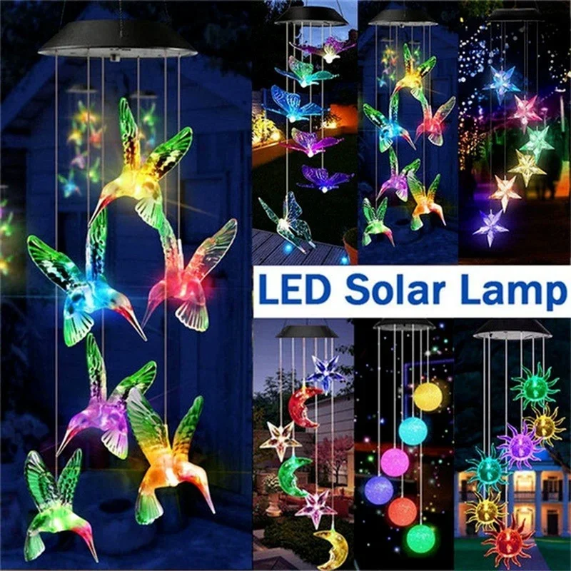2026 LED Solar Wind Chime Crystal Ball Hummingbird Wind Chime Light Color Changing Waterproof Hanging Solar Light Garden Decor