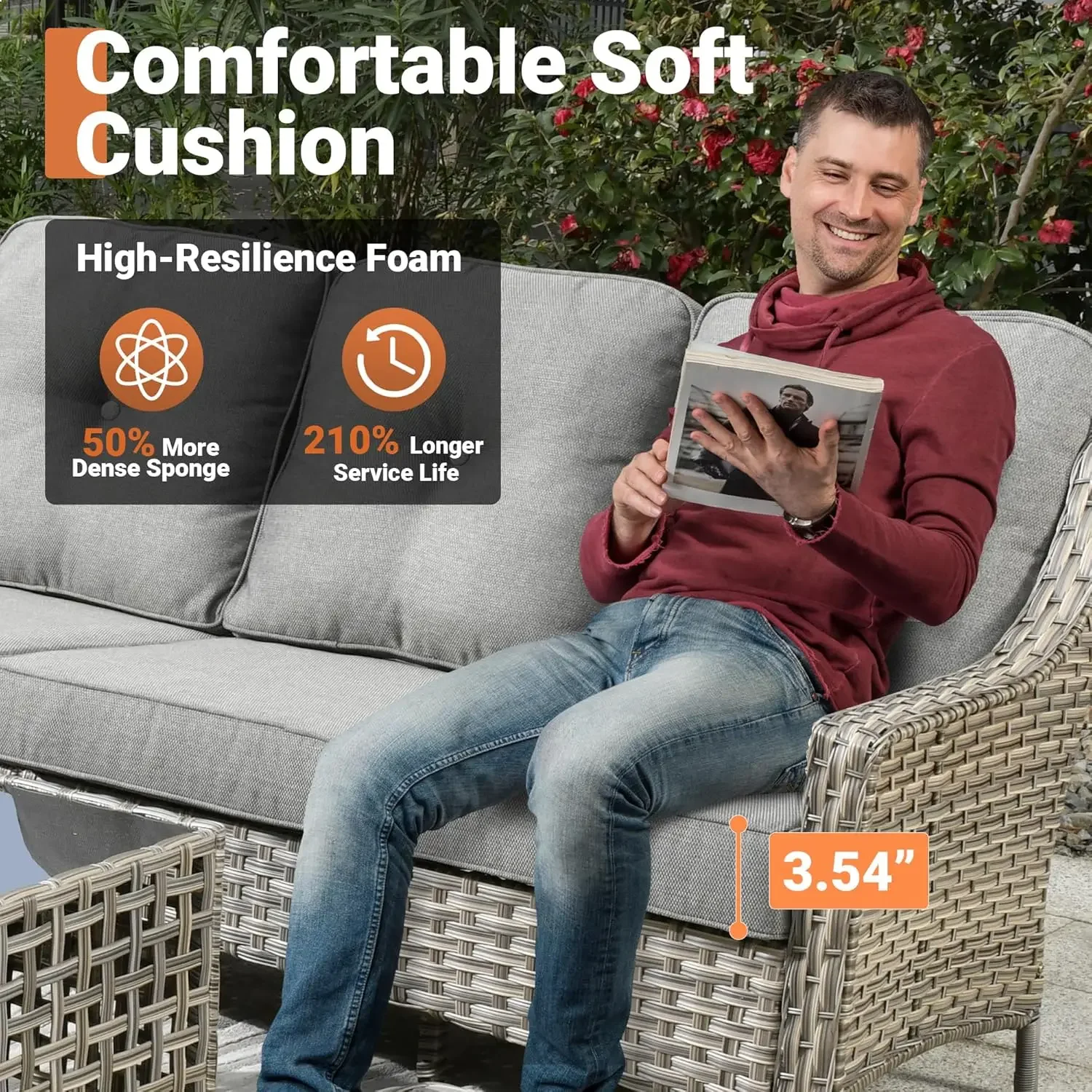 6 Piece Outdoor Patio Furniture  Coversation Set with High Back,Sectional Single Sofa Ottoman for Outside Porch Pool,Dark Grey