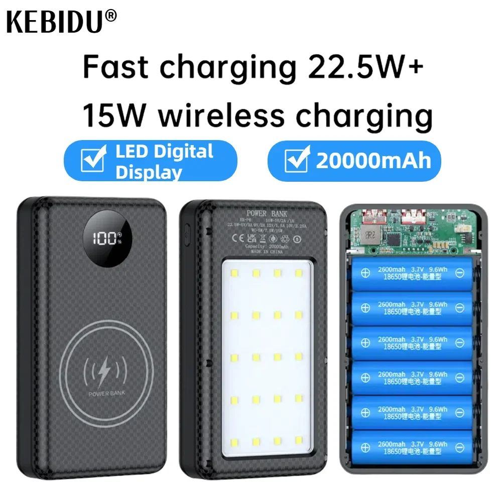 6*18650 20000mAh Power Bank Fall 22,5W Schnelle Lade 15W Drahtlose Lade Mobile Power Bank Gehäuse batterie Halter Für Telefon
