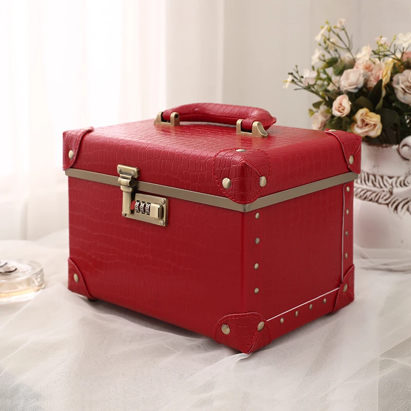 Cute Women's Hand Cosmetic Case Luxury Leather Red Makeup Suitcase Travel Organizer Storage Bag Make-up Beauty Cases Bags