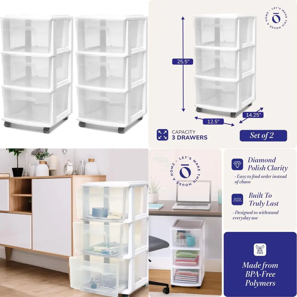 

3-Tier Clear Plastic Drawer Tower Storage Organizer Cart with Wheels for Home, White Frame, Space-Saving Solution
