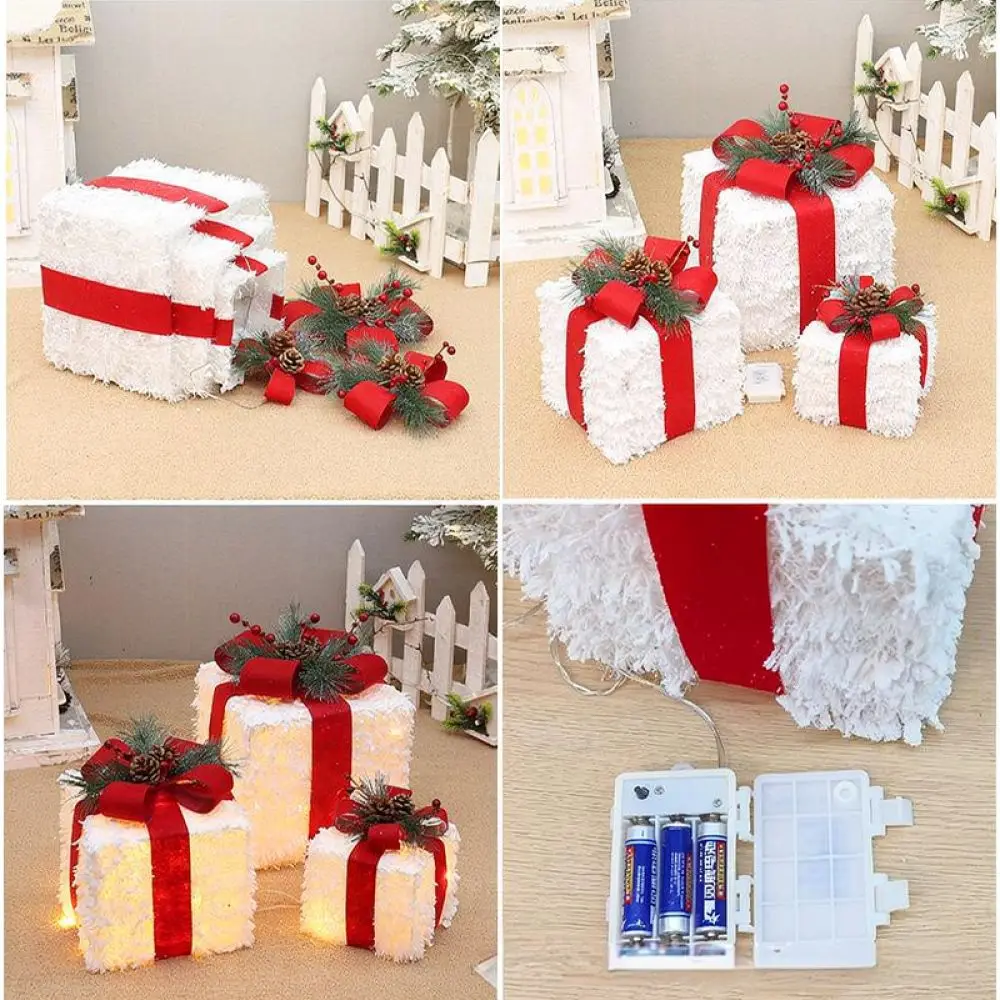 LED Christmas Gift Box Set Fabric Iron Ornament Festive Home Decor Pine Needle Pine Cone Holiday Tabletop Display Items