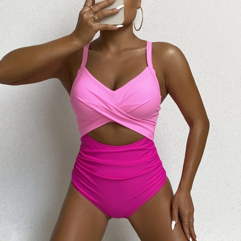 Sexy Hollow Cross Sling Swimwear Color Matching Backless Swimsuit One Piece Bikini Fashion Bathing Suits Swimming Suit For Women